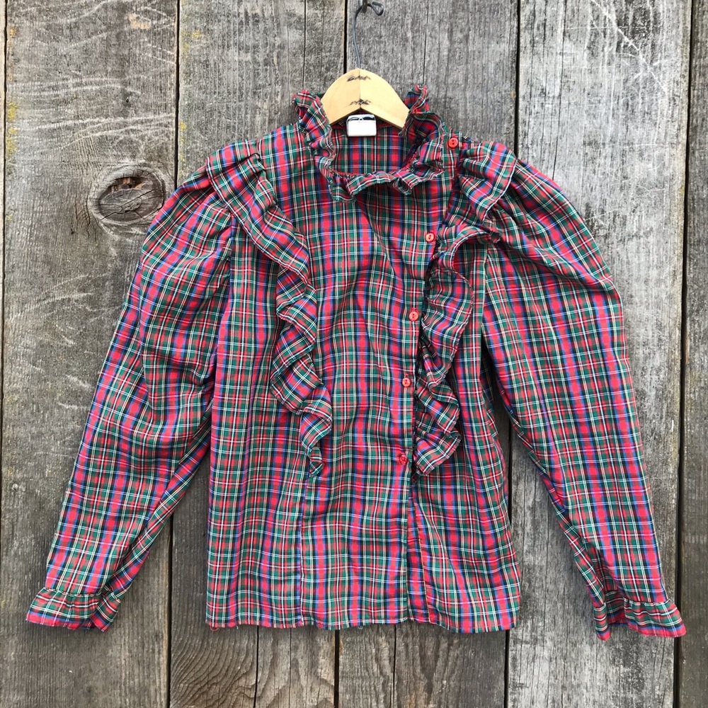 VTG 80s Western Victorian High Neck Ruffle Front Puff Sleeve Plaid Blouse S-M
